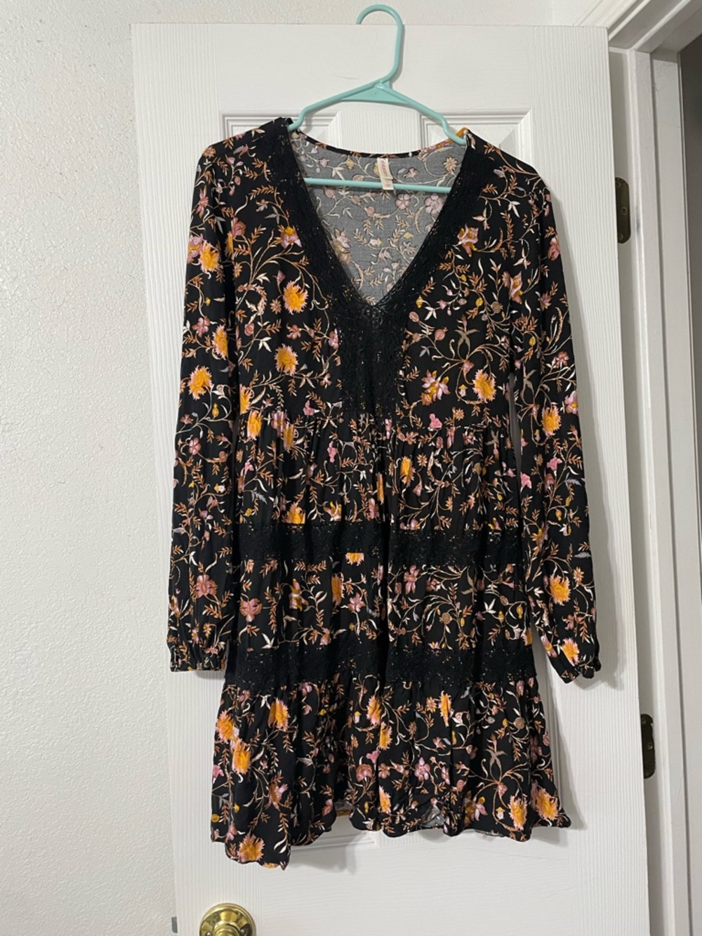 Floral V-Neck Long Sleeve Dress - Black with Yellow & Pink Floral